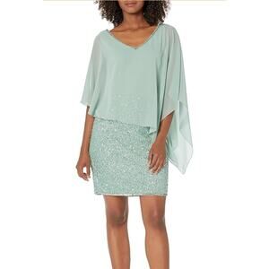 J Kara Women's Caplet V-Neck Short Cocktail Beaded Dress, Celadon Green, Size 12